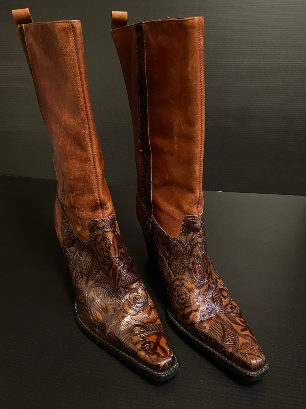 ANTONIO MELANI Brown Floral-Embossed Leather Cowboy Boots - Size 8 1/2 M